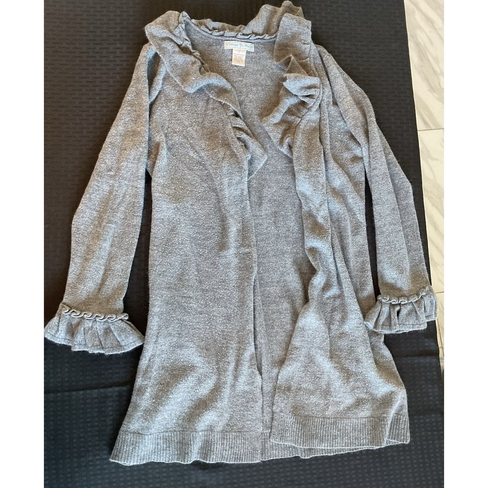 Vintage Suzie Heather Gray Long Cardigan Sweater Size Large Long Ruffled Sweater